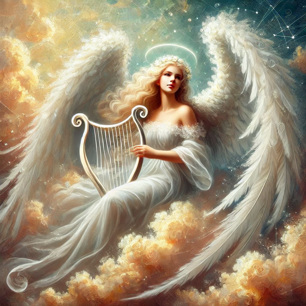 an angel plays harp in the clouds 2