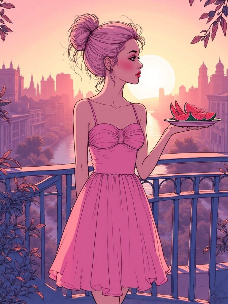 Sunset Cityscape Character with Watermelon