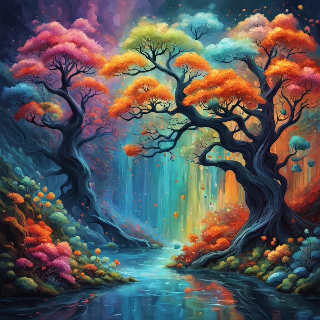 Vibrant Tree of Life with Miniature Figures in Digital Paint...