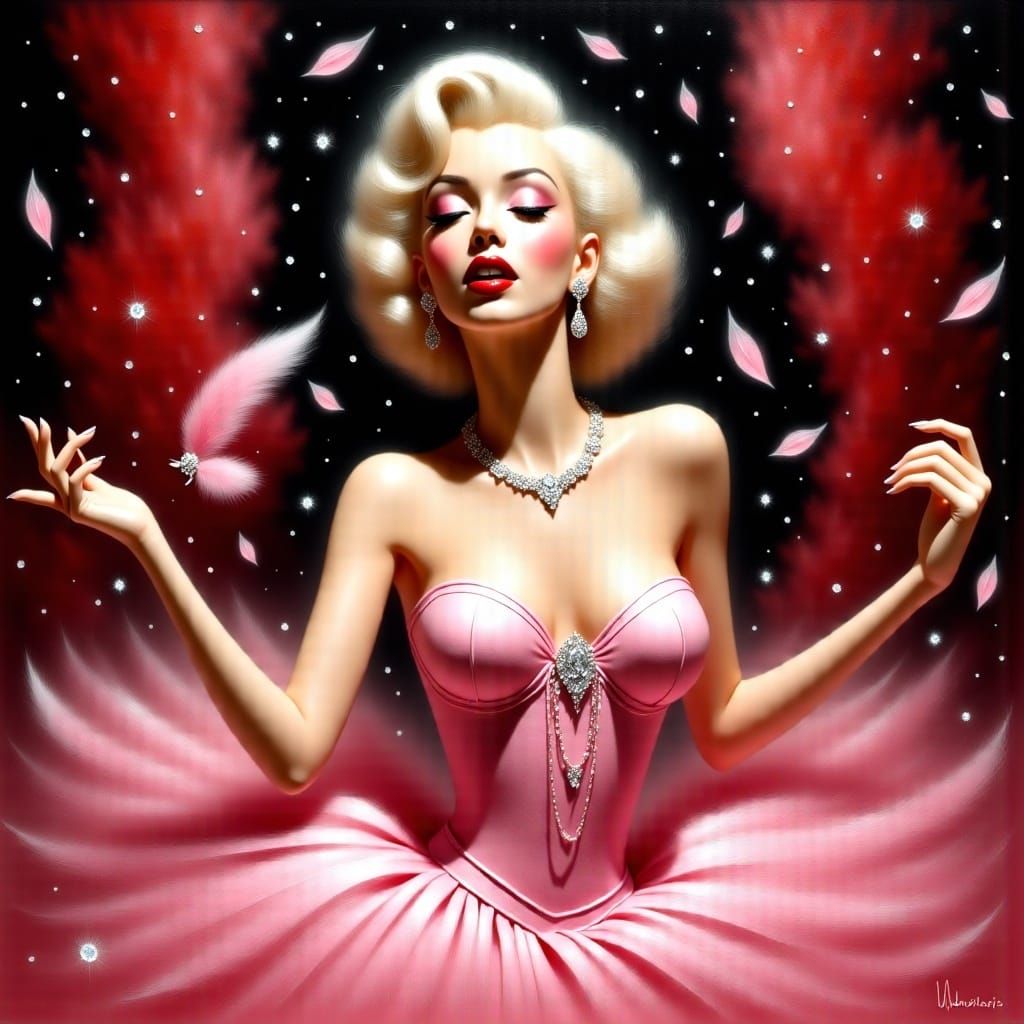 <lora:Black Theater:1.0>Marilyn Monroe Diamonds are a Girls best Friend