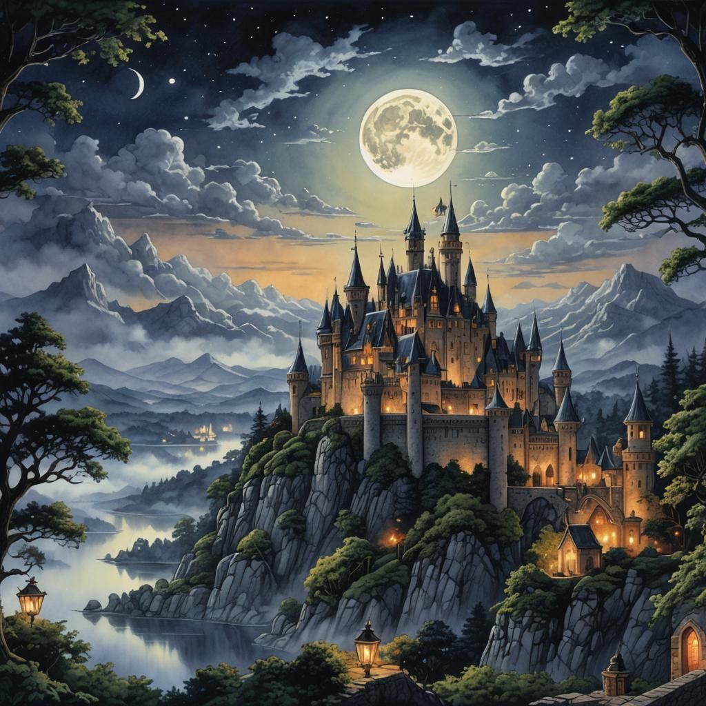 intricate fantasy map of a large castle  off in the distance