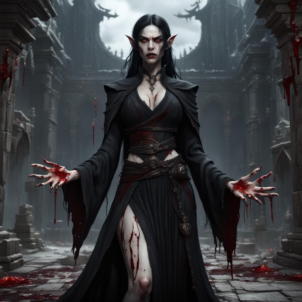 Black hair, undead female elf, black robe, open down the middle, bare ...