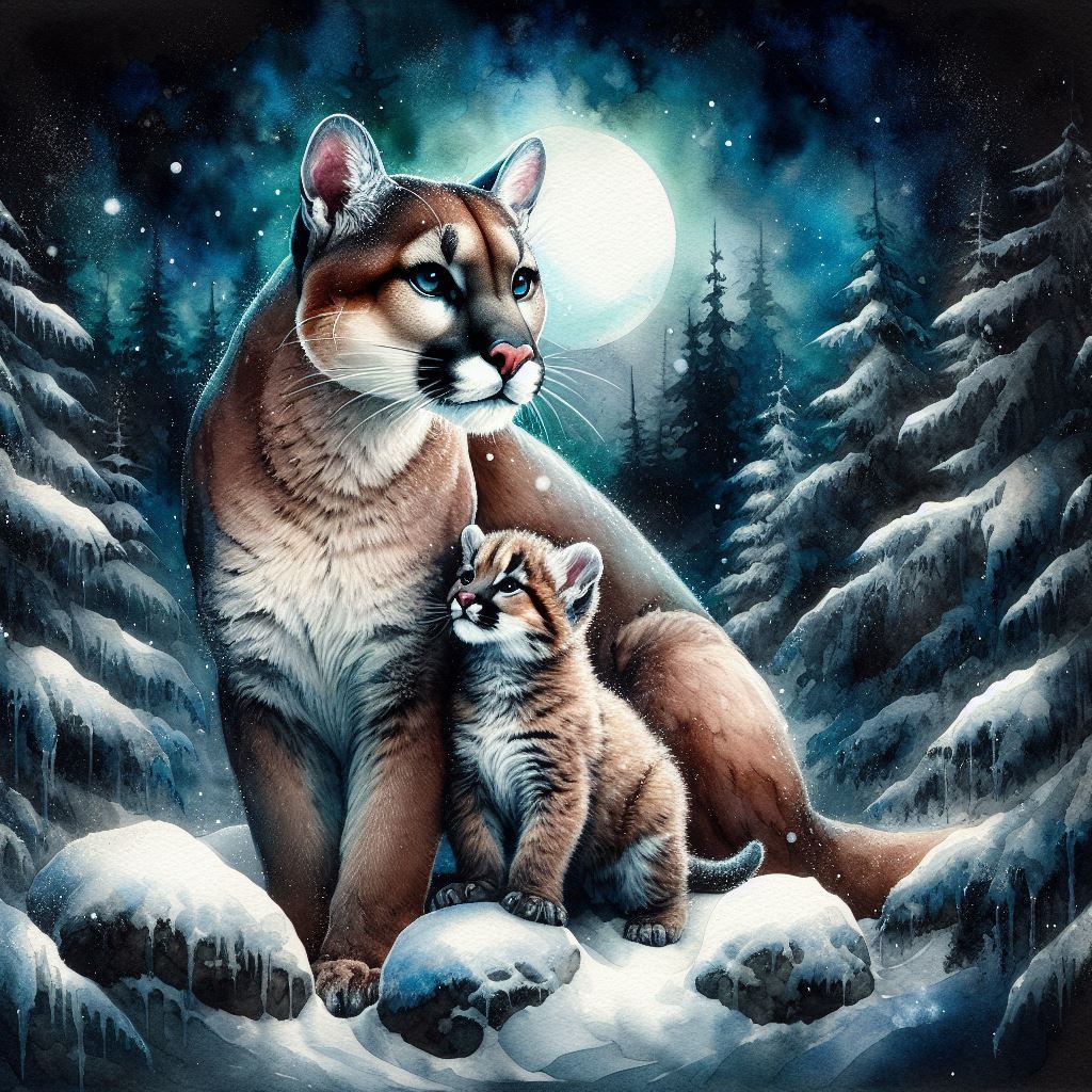 Cougar Mom with Cub in the wintry forest
