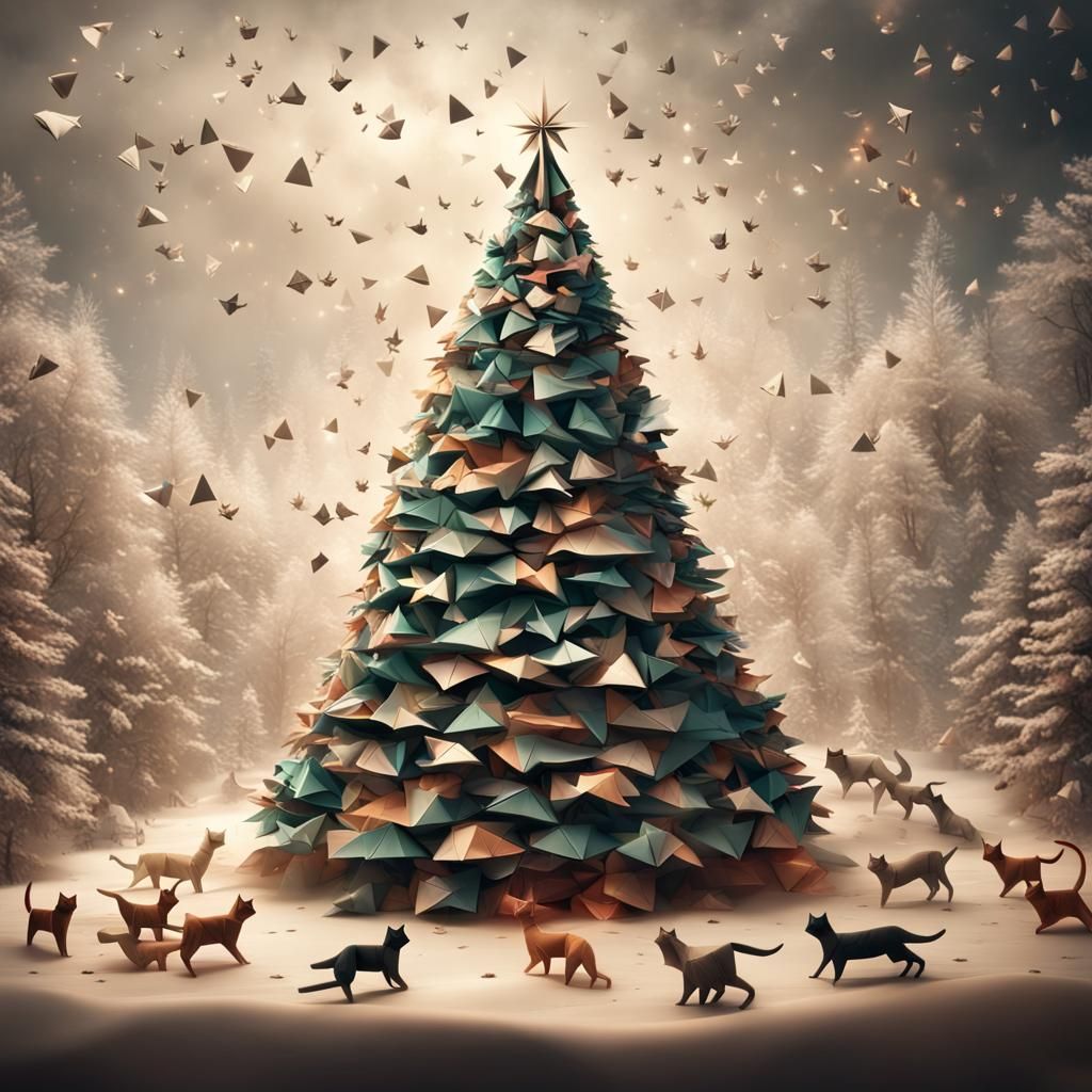 Christmas tree made of origami cats  by @RPGCatLover