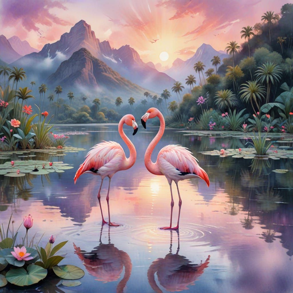 Flamingos in Pastel Sunset, Watercolor Painting