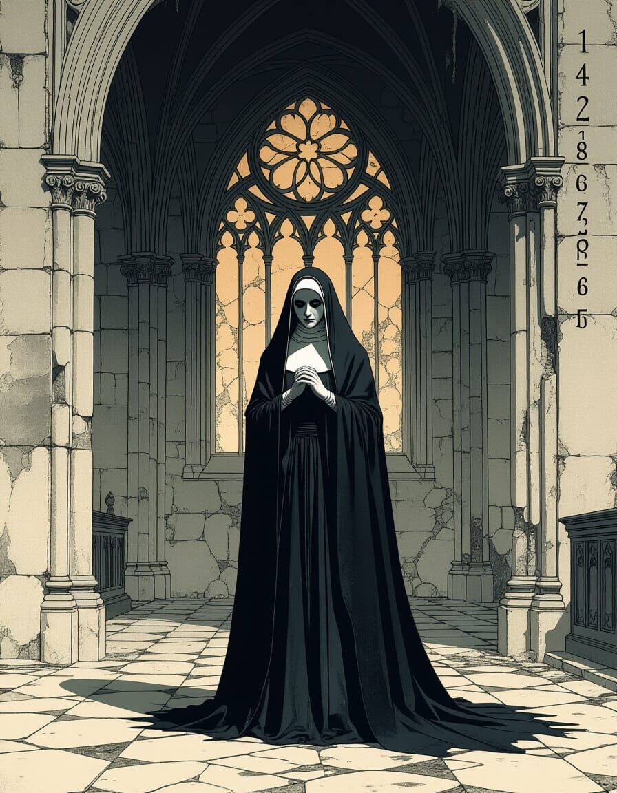 Nun in Gothic Cathedral with Sci-Fi Matrix Elements