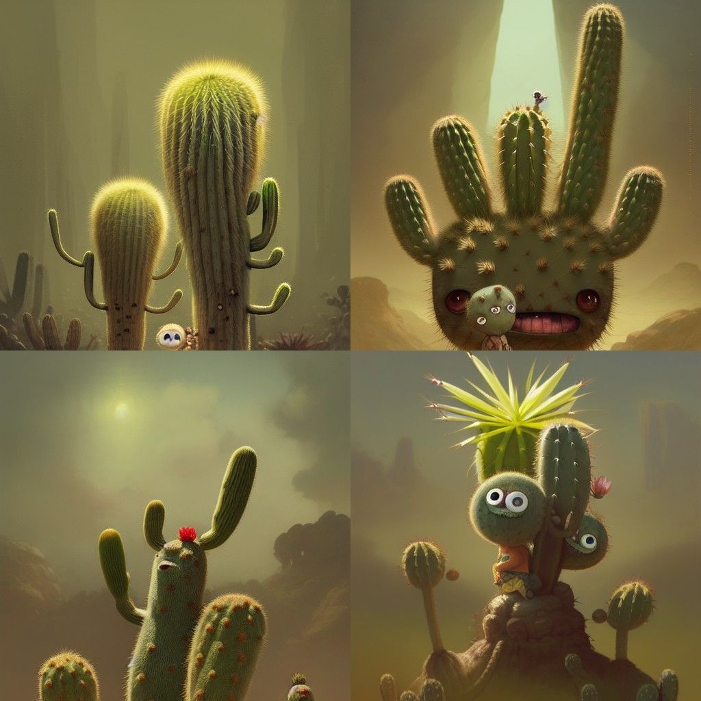 Anthropomorphic cacti keikis with big round eyes, in full he...