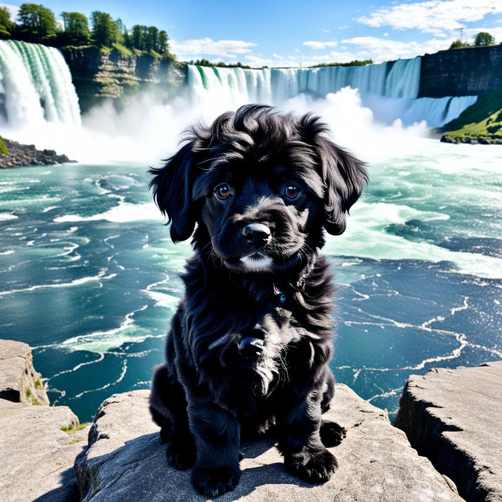small black patterpoo in front of Niagara Falls