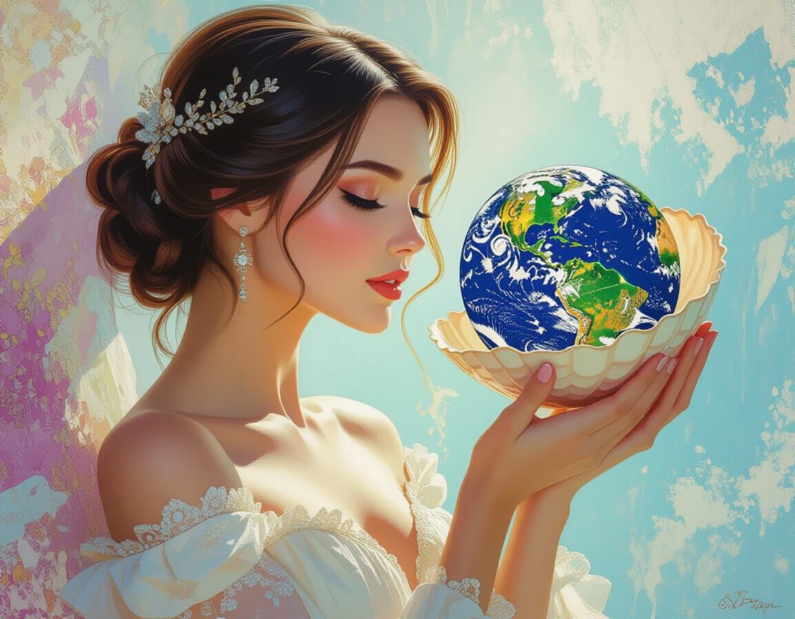 wunderschöne Frau hält die Welt in einer Muschel Hyperrealistic, splash art, concept art, mid shot, intricately detailed, color depth, drama...