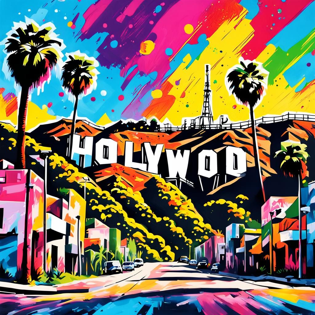 the Hollywood sign as graffiti art, splash art, street art, ...
