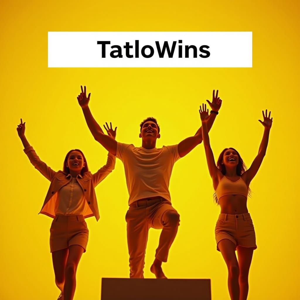 Create a vibrant, celebratory image for the team 'TatloWins', featuring three winners: one man and two women. The figures should be in victo...