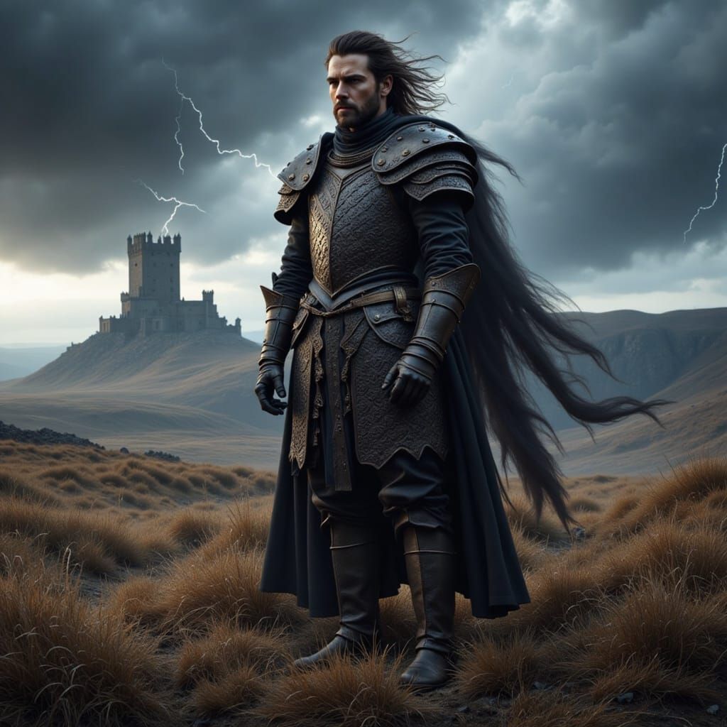 Brooding Macbeth in Battered Armor on Stormy Heath