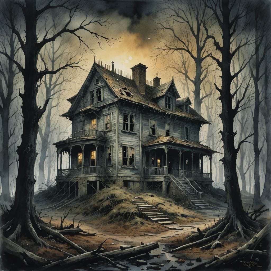 a watercolor painting of an eerie abandoned house in a dark wooded area horror Gustave Doré Greg Rutkowski ...  by @DecloDee