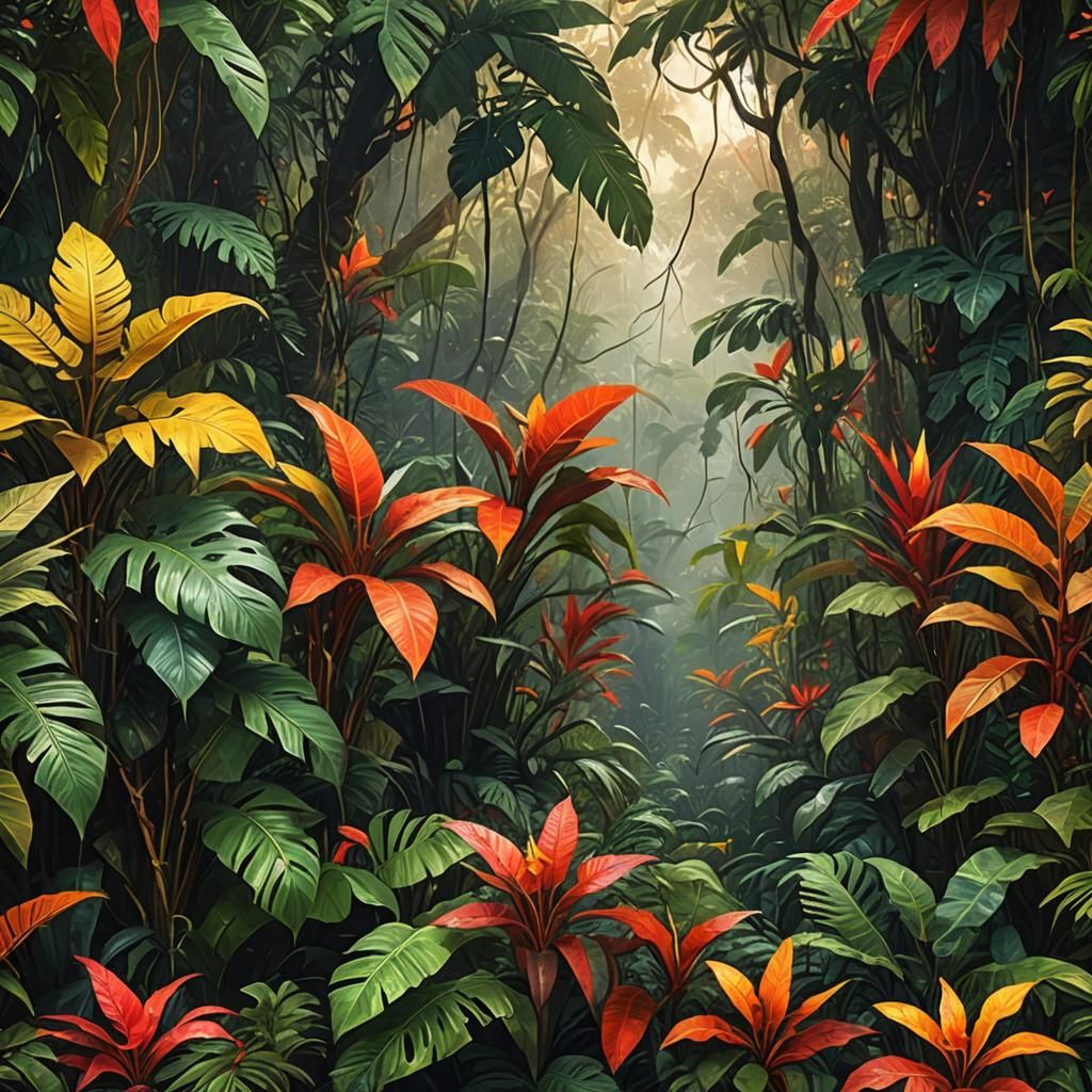 A jungle with red and orange leaves in vivid detail