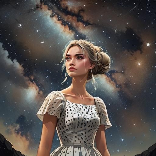 <lora:Human-Figure:1.0> a beautiful girl with a white dress and a messy bun looking at the stars on a night sky