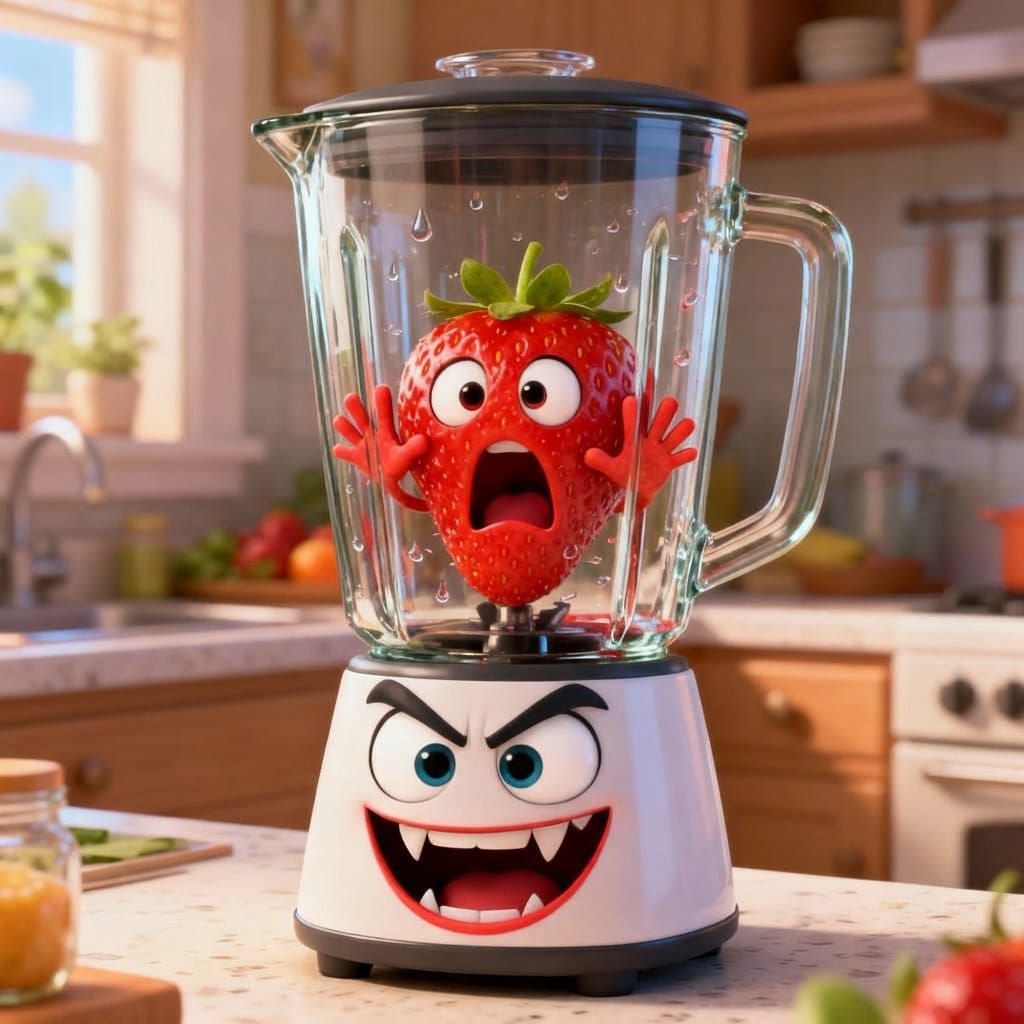 The Evil Blender laughs at his Captive Strawberry 