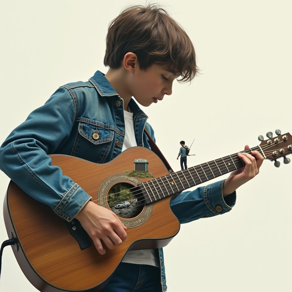 Boy Plays Guitar with World Inside, in Digital Art Style