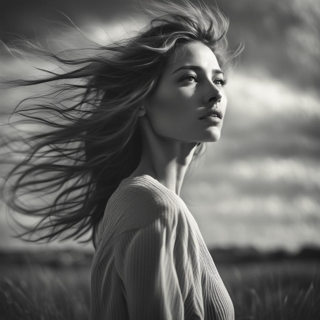 realistic black and white, grayscale portrait of a beautiful...