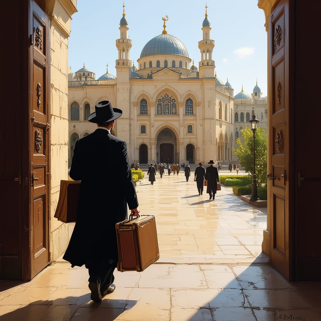 בחור ישיבה חוזר ללימודים בישיבה עם כובע וחליפה ומזוודה וגמרא ביד על רקע בניין הישיבה