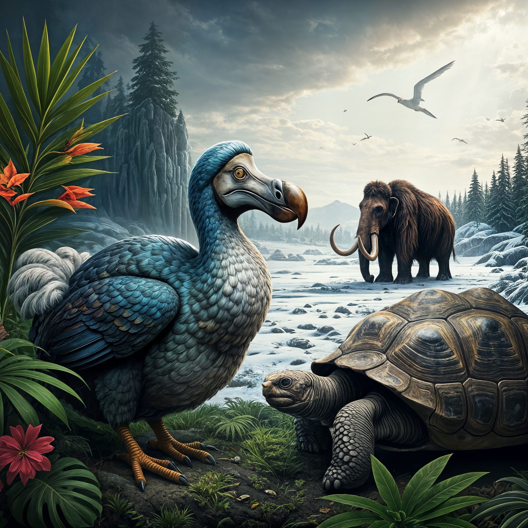 A dodo in a tropical forest, a woolly mammoth on a snowy tundra, giant tortoise
