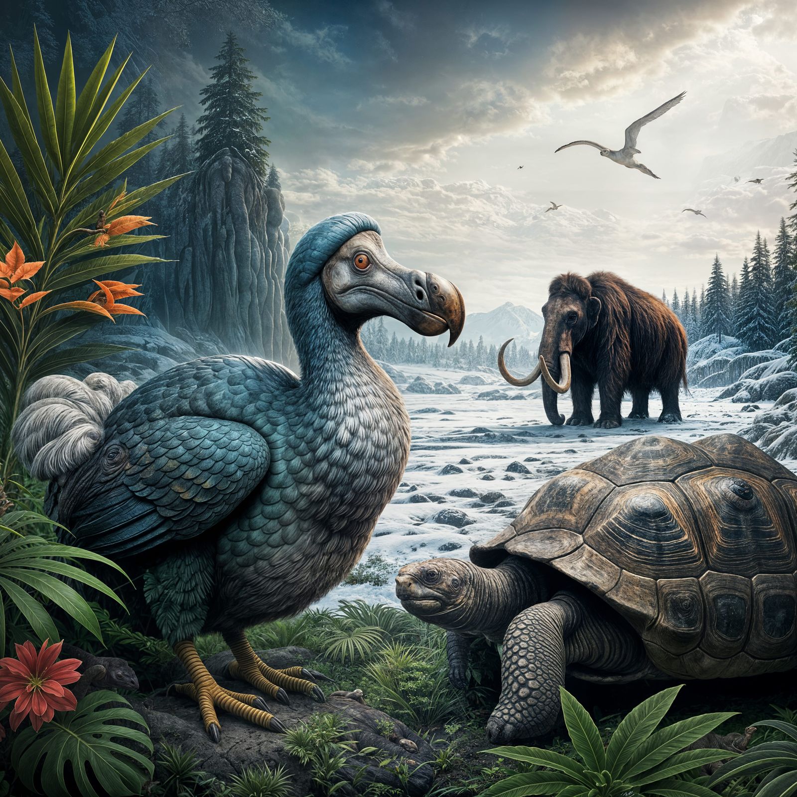 A dodo in a tropical forest, a woolly mammoth on a snowy tundra, giant tortoise of Pinta Island, hyper-realistic, ...  by @03lu03