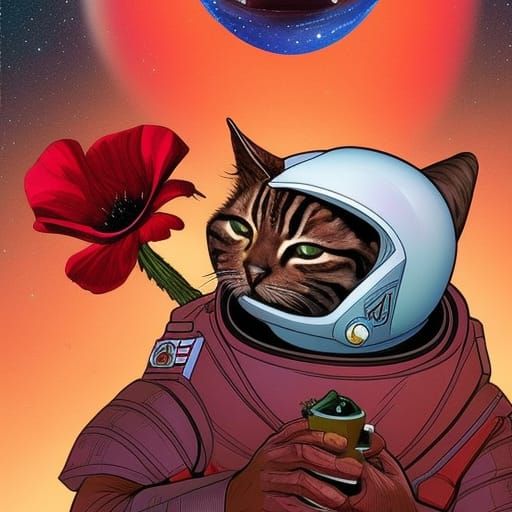 Alien cat 
astronauts with Space X drinking cups of coffee a...