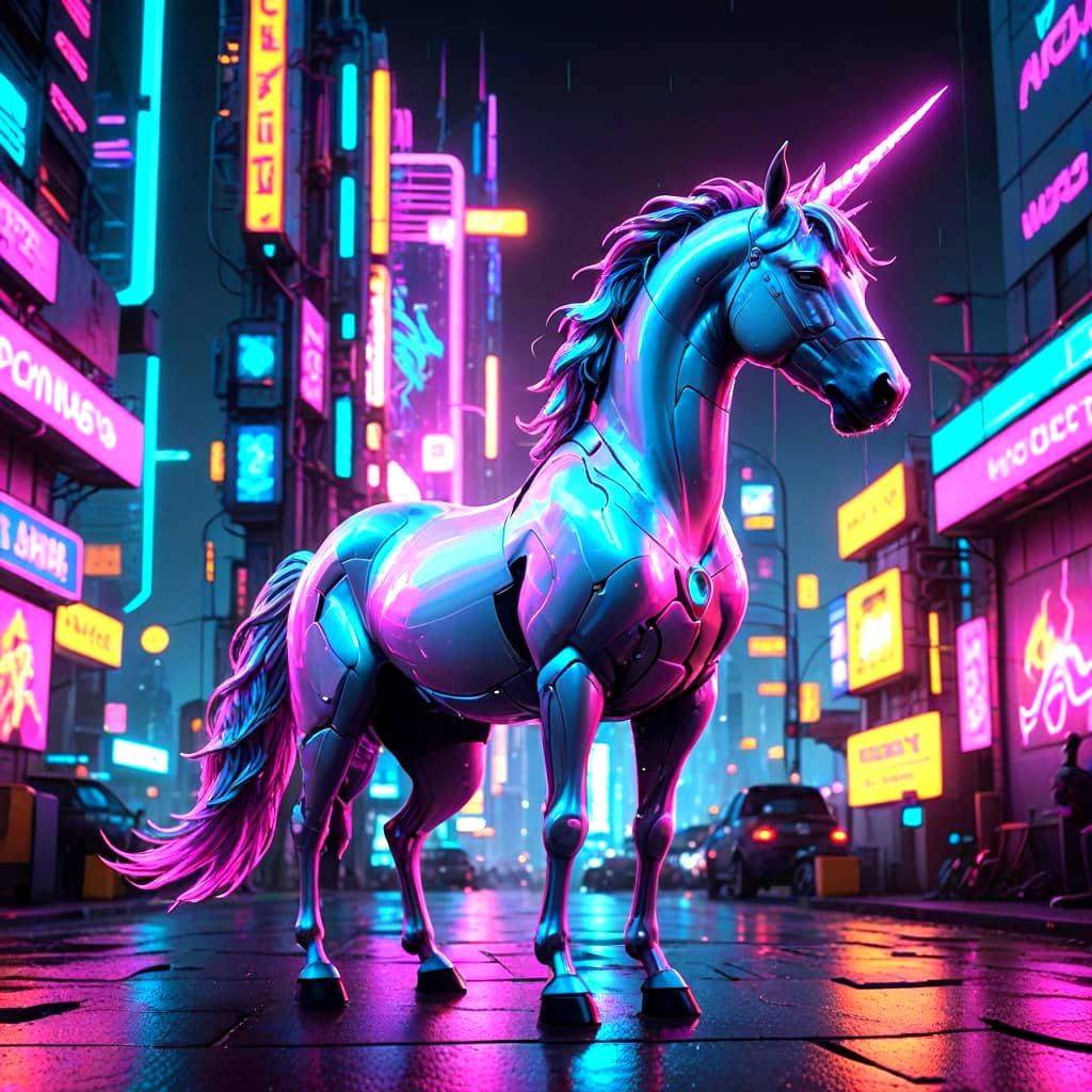 A majestic cyberpunk Unicorn perched atop a futuristic building in a cyberpunk city, with a light grid sky. At night, under the cybermoon. T...