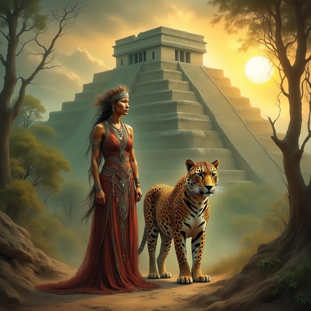 <lora:Archetypal Images:1.0> A woman and a jaguar in front of a Mayan Temple