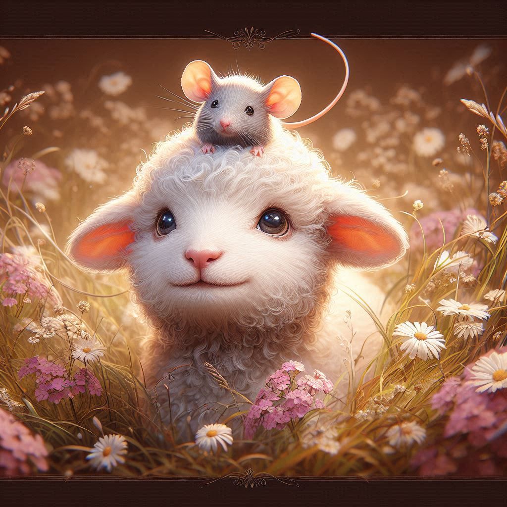 a cute little lamb with a cute mouse on its head. Meaningful...
