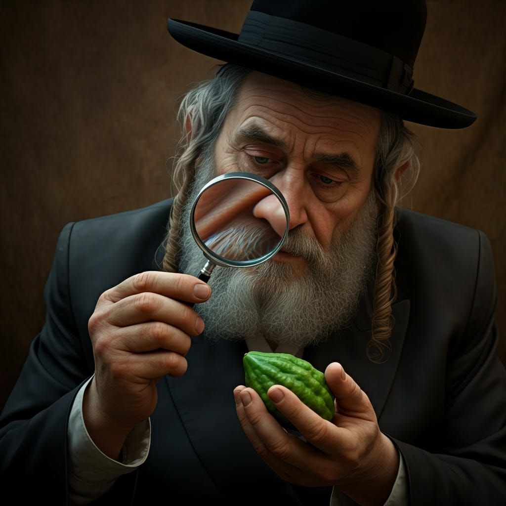 Hasidic Man Examines Etrog with Magnifying Glass
