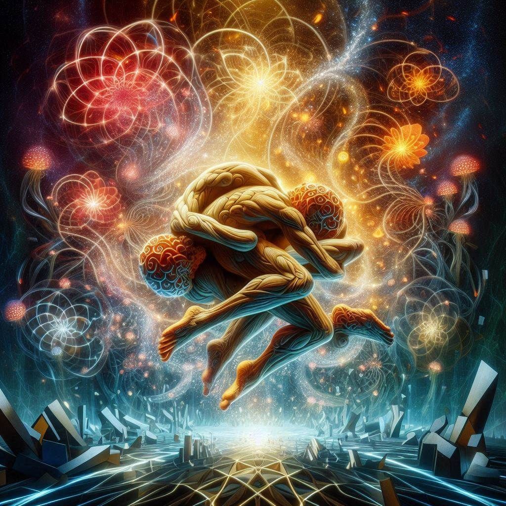 Crazy Mushrooms Wrestling, surrounded by a Labyrinth of light