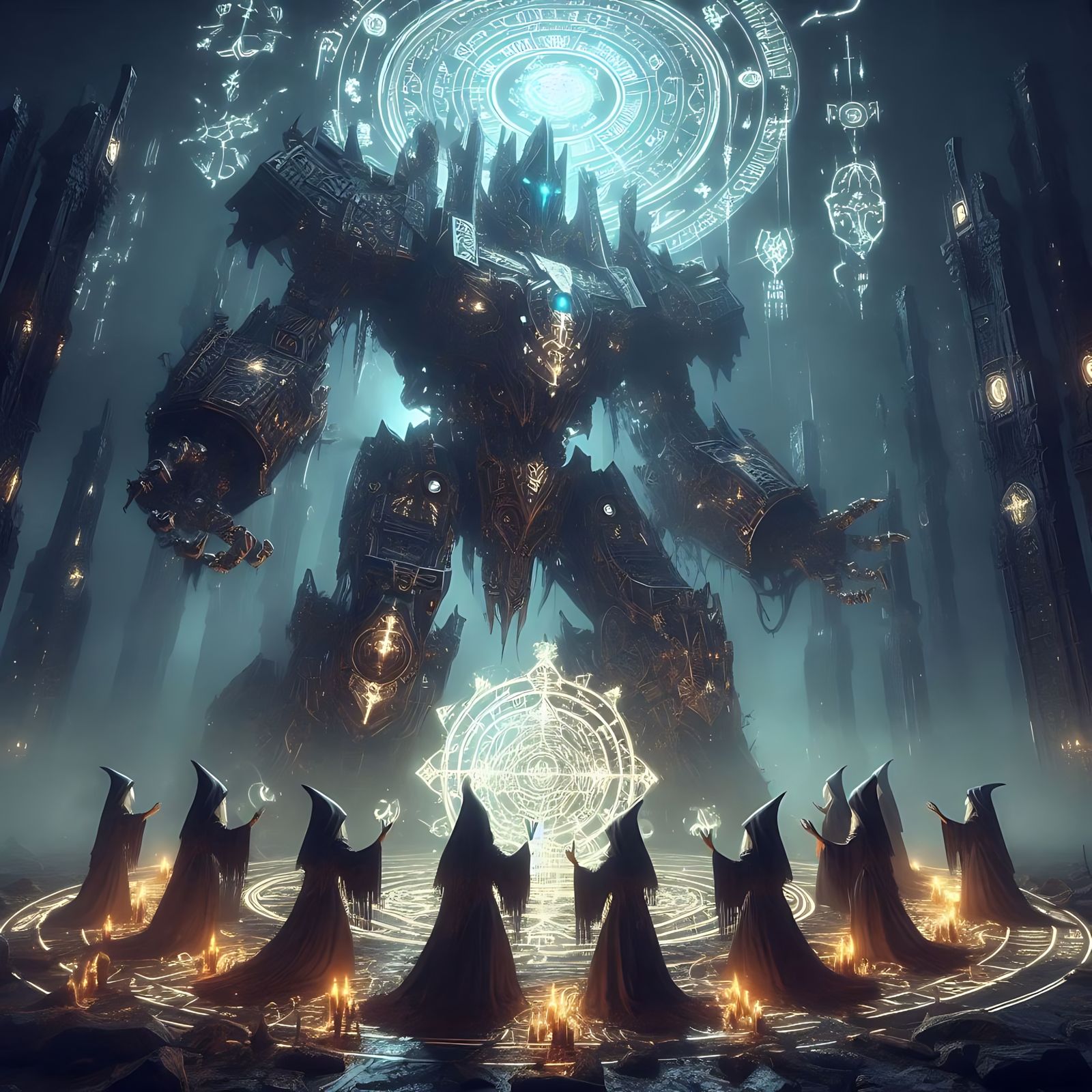 Witches conjuring a large magical mech (Uploaded)