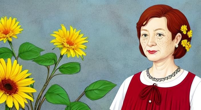 Flowers around, middle age nice lady with freckles