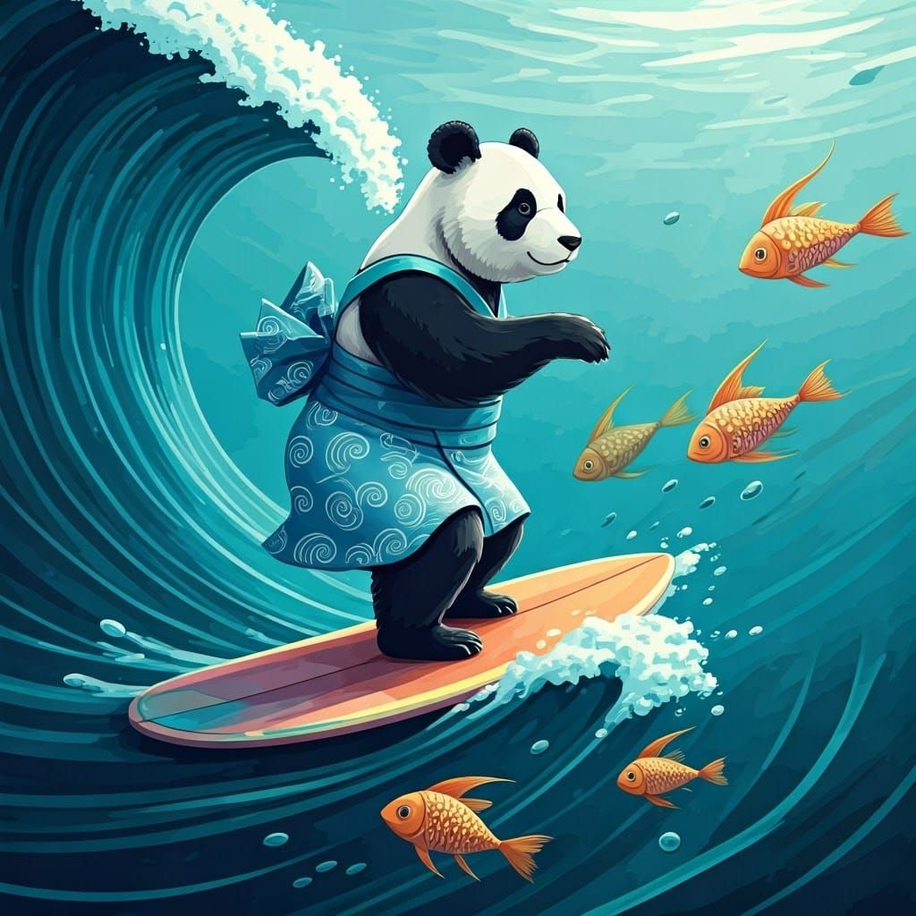 Panda Surfing in Abstract Vector Style