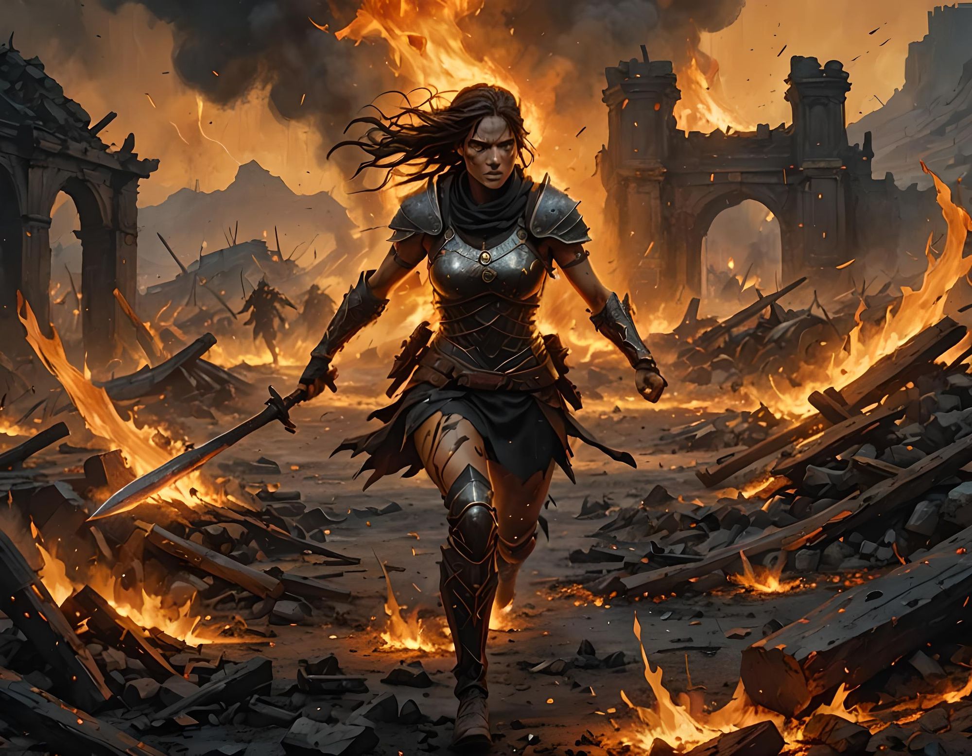 Female warrior in a burning city