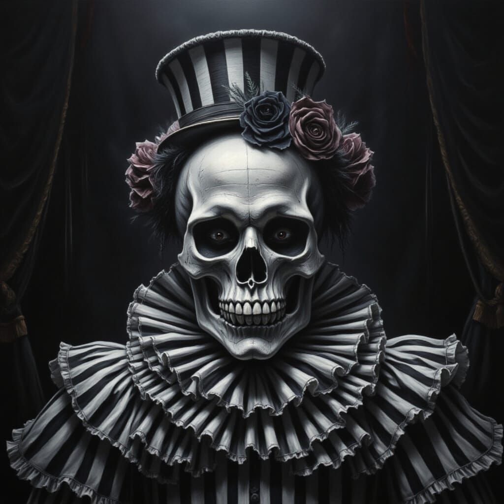 <lora:Circus Intensity:1.0> Exquisite scene of a circus setting on stage, skull make up, zombie decaying,  horror circus, matte renaissance ...