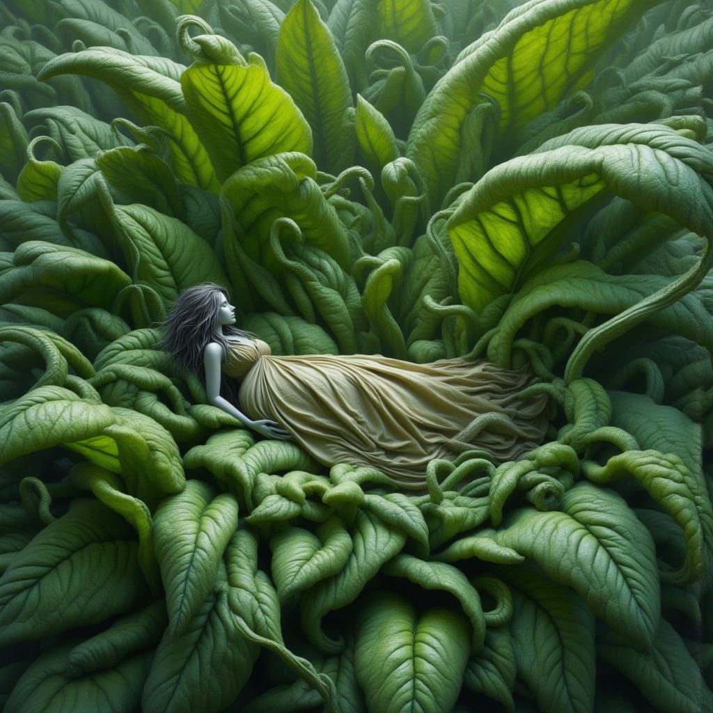 <lora:kak-karnivora:1.0> Wild huge lush plant, woman sleeping inside