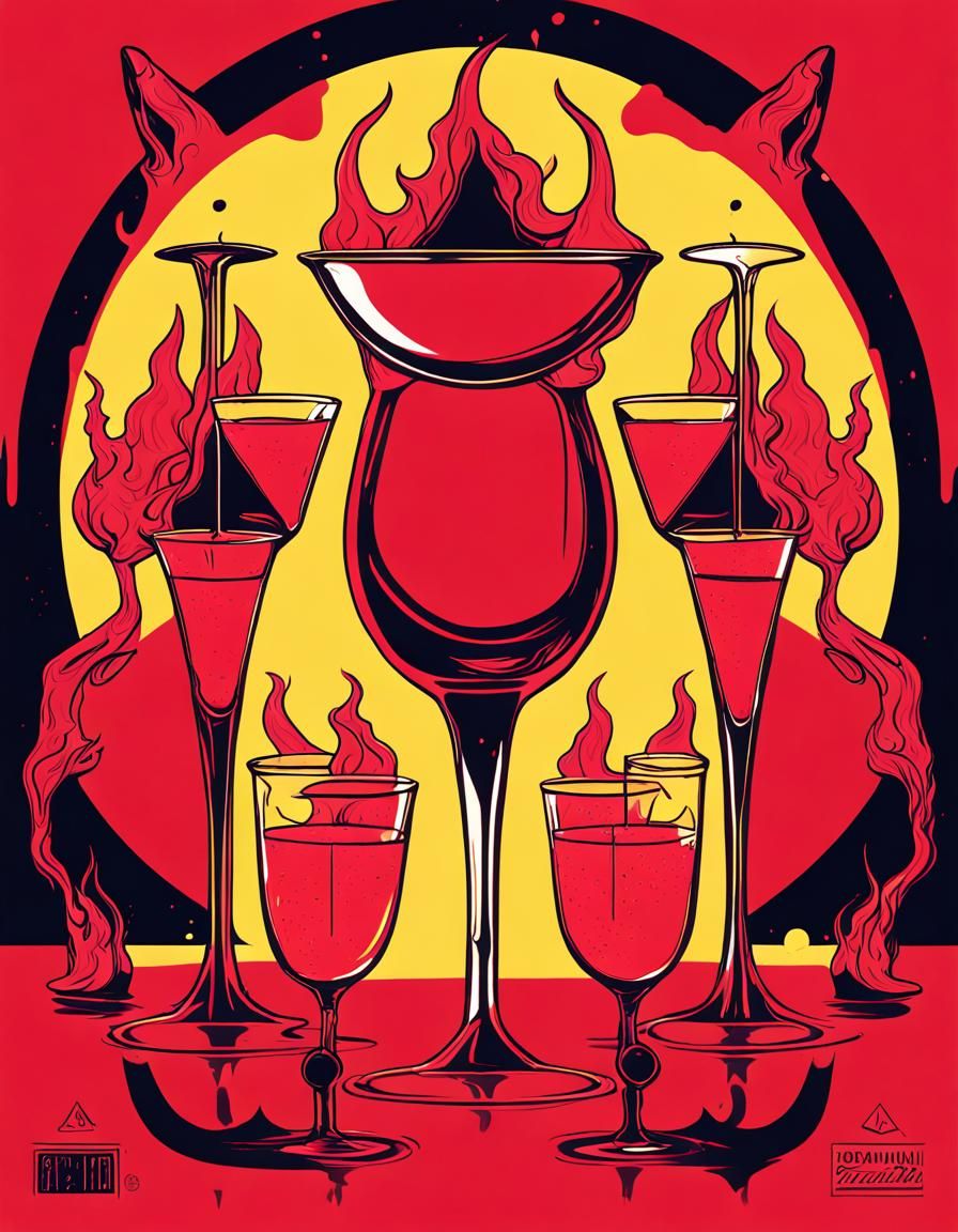 Flyer for a nightclub in hell with horned beasts, flames and...