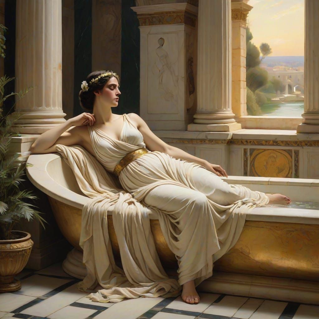 Elegant Bathsheba in Classical Roman Bath Scene - AI Art