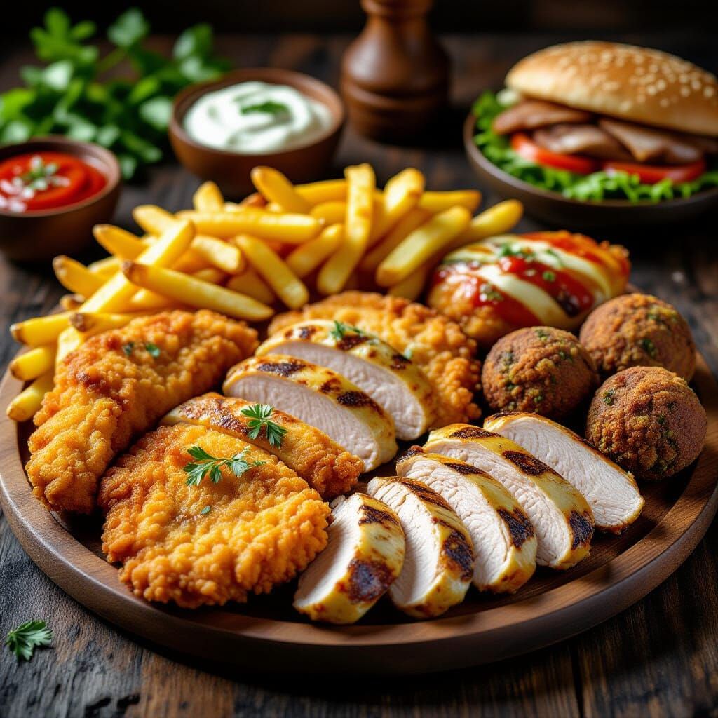 Gourmet Feast: Artfully Arranged Schnitzel, Shawarma, and Fr...