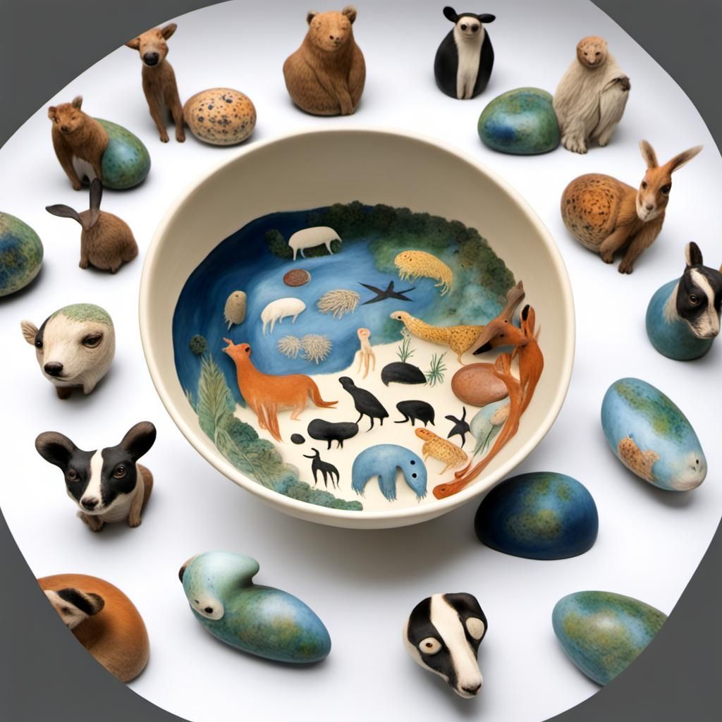 earth painted bowl filled with animals, sea life, people and...
