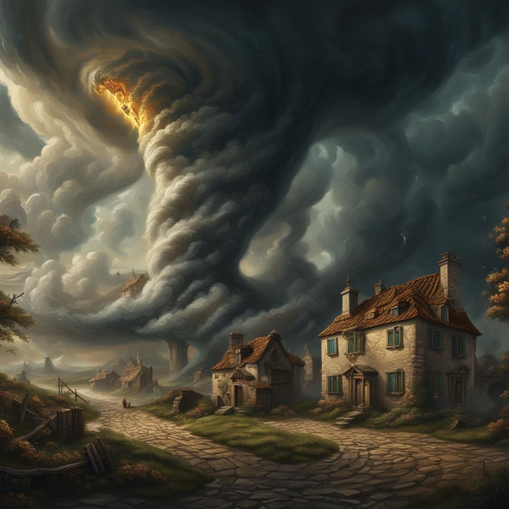 a 16th century European style painting showing a tornado  by @SouWesterner