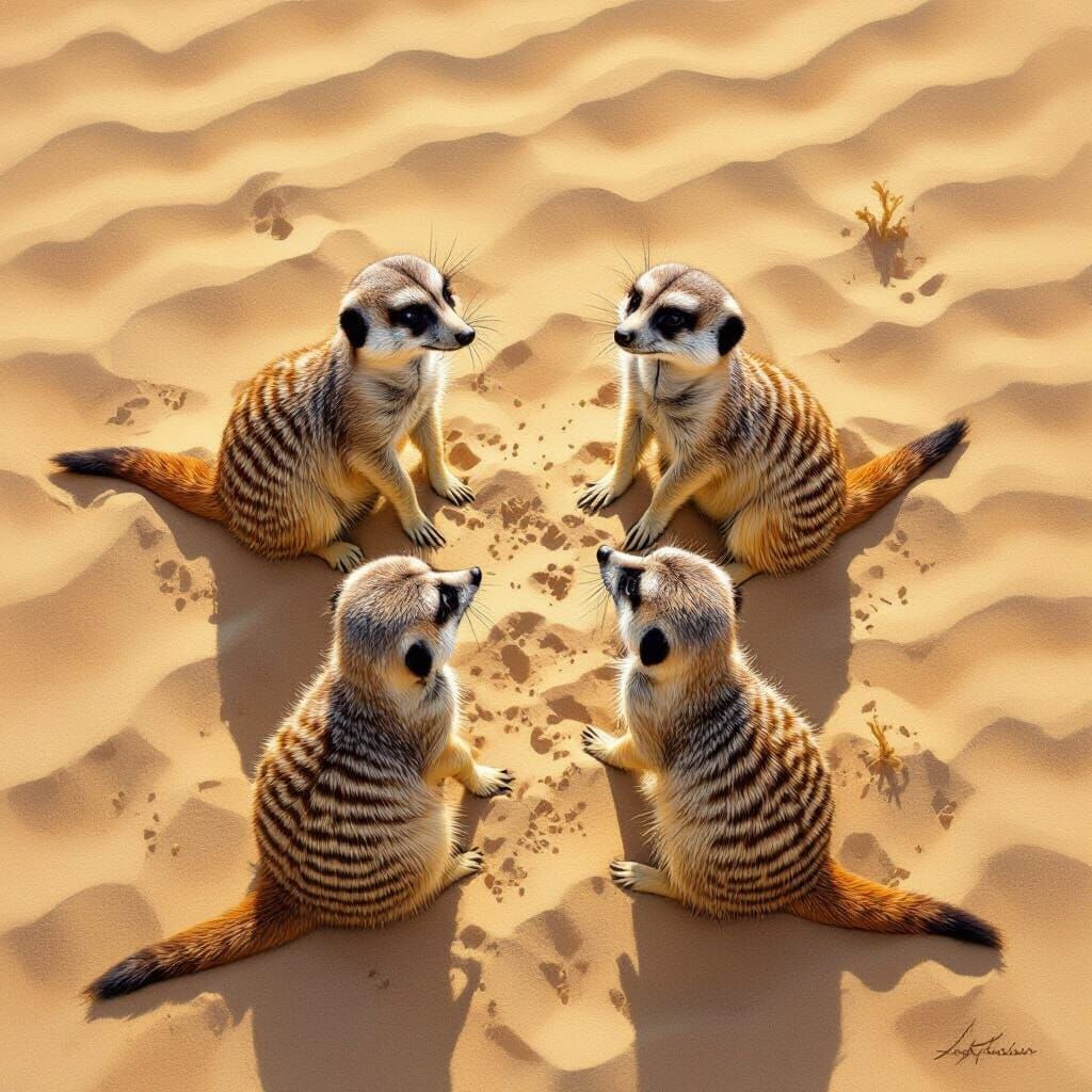 Four Meerkats on Desert Floor in Warm Sunlight