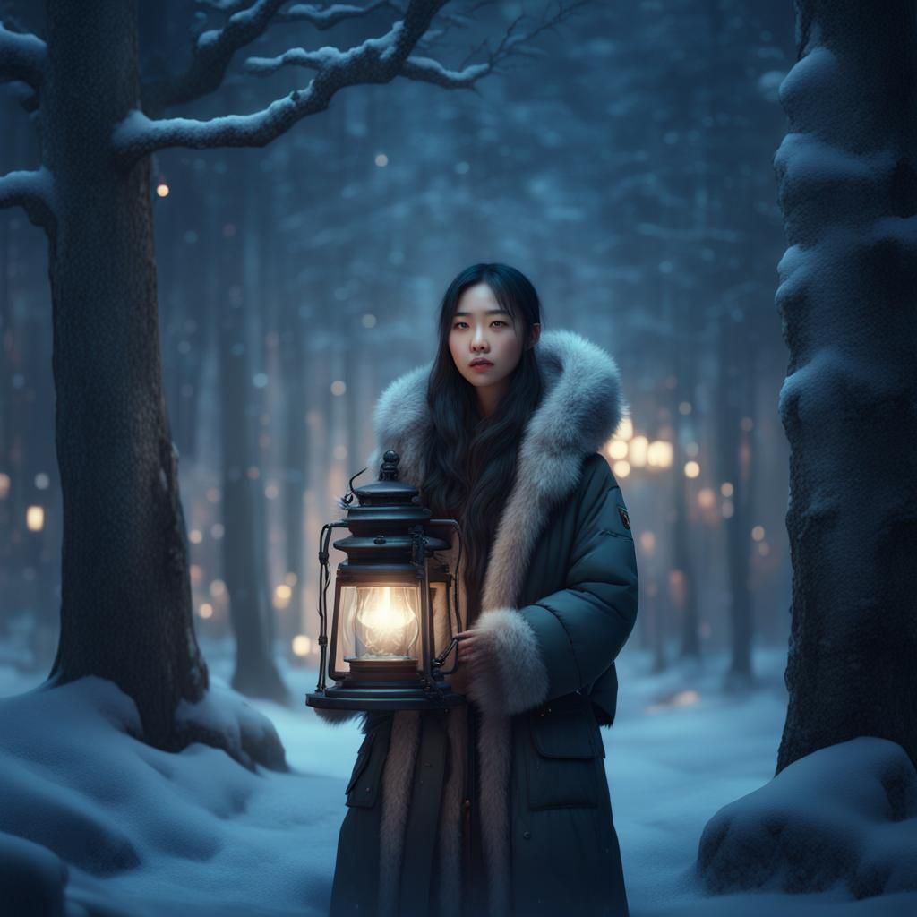 Korean Girl with Lantern in Winter Blizzard