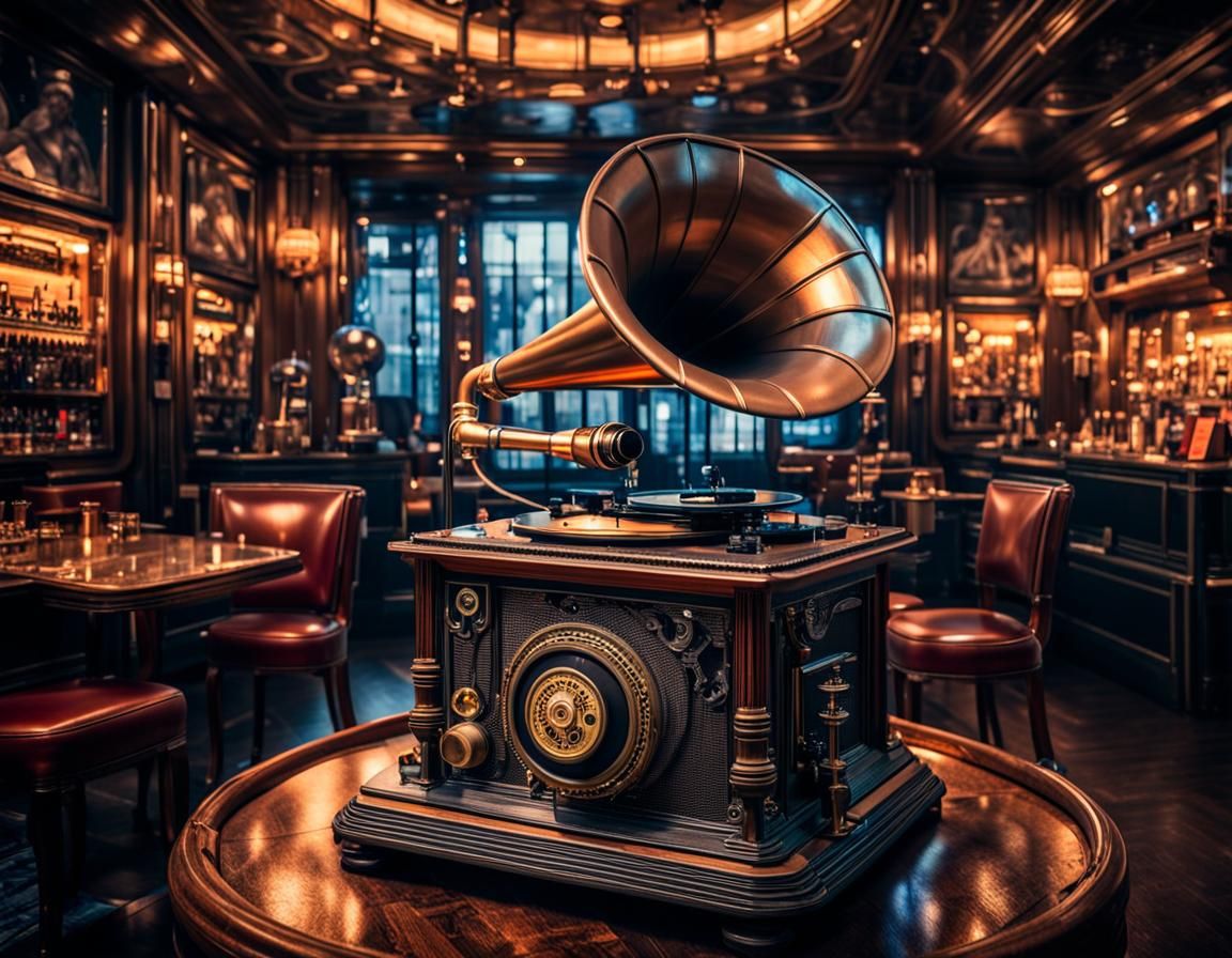 A vintage phonograph playing in a bustling futuristic speakeasy intricate details, HDR, beautifully shot, ...  by @JuiceBox