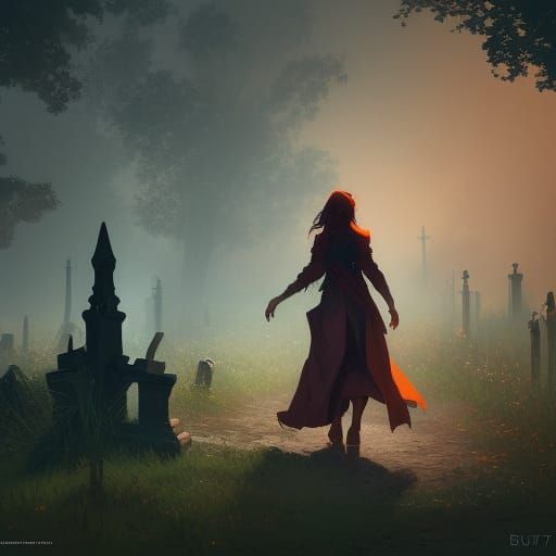 woman walking in a graveyard