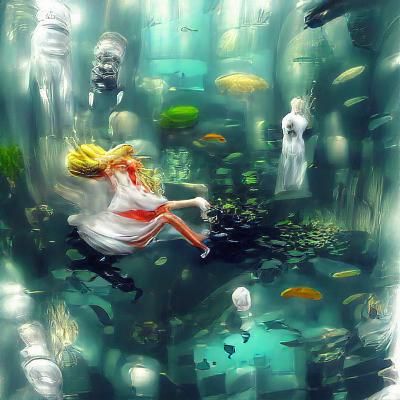 Blonde woman in a white dress, underwater, in a lake deviantart maximalist beautiful