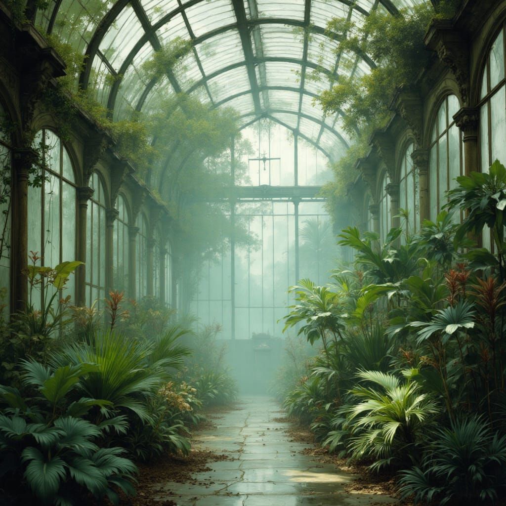 Ethereal Greenhouse With Luminous Plants and Hazy Atmosphere