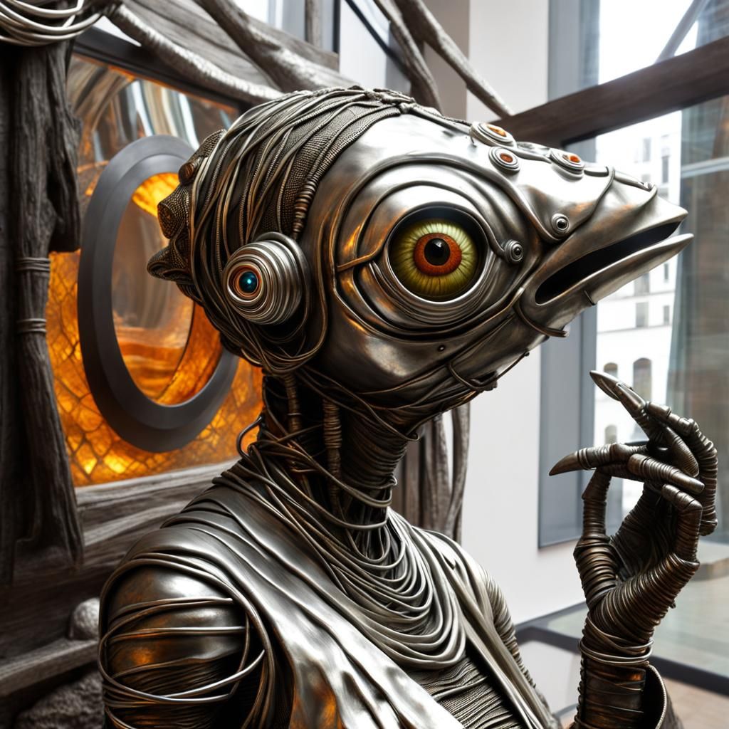 a close-up metallic mummy patched clay and wire sculpture wi...