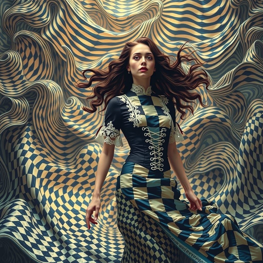 Checkerboard lady with more complex and intricate patterns, emerging from a wavy checkerboard liquid ...  by @Mary Elizabeth 